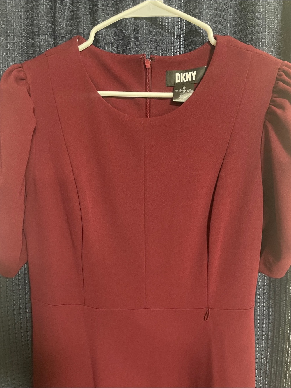 DKNY Burgundy Midi Dress with Puff Sleeves